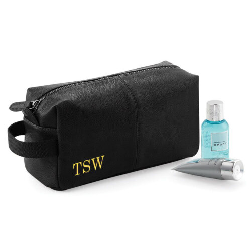 Mens Initials Black Wash Bag with Bottles