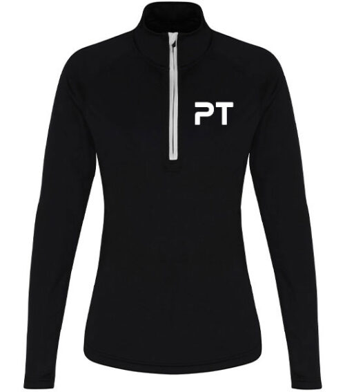 Womesn Personal Trainer Zip Up Black with White Trim Front