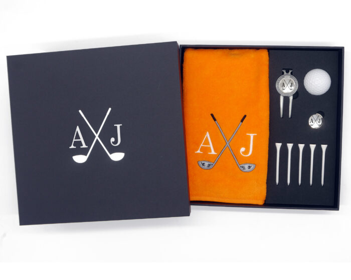 Personalised Orange Golf Gift Set With Engraved Divot Tool and Ball Marker