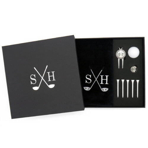 Personalised Black Golf Gift Set With Engraved Divot Tool and Ball Marker